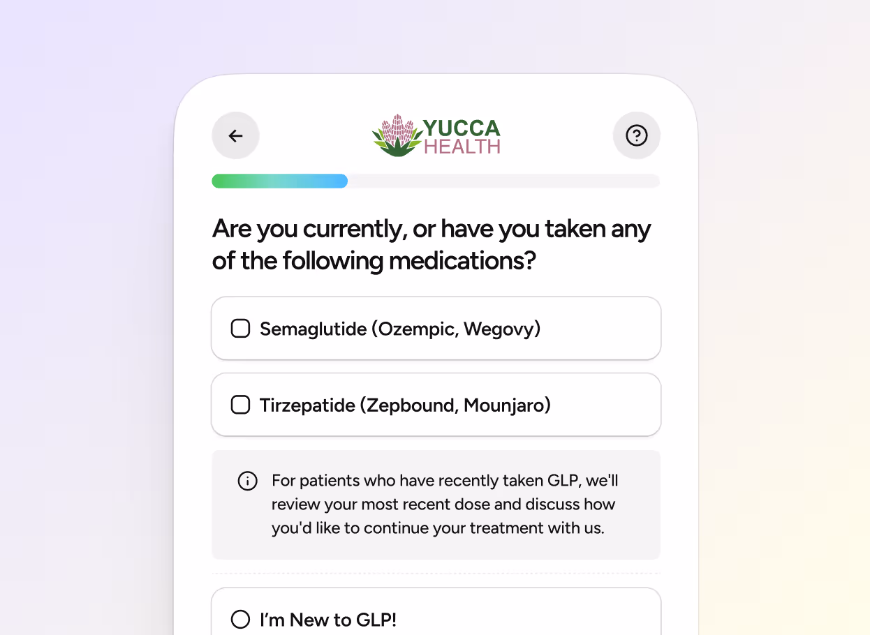Medical questionnaire screen asking if the user has taken Semaglutide or Tirzepatide, with additional info for patients recently taking GLP and an option for new GLP users.