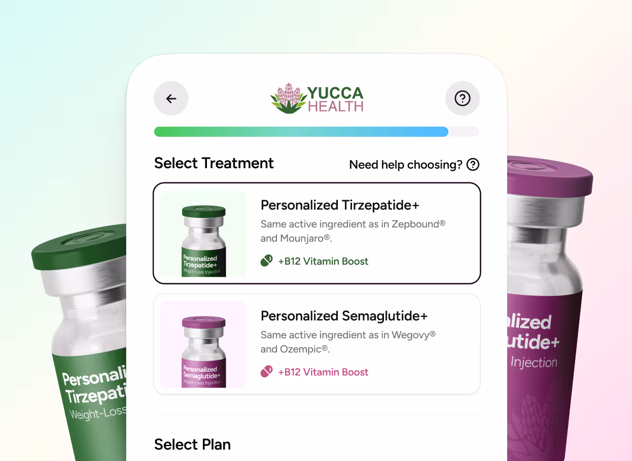 Mobile app screen from Yucca Health for selecting a treatment plan with options for Personalized Tirzepatide+ and Personalized Semaglutide+ weight-loss injections, each including a B12 vitamin boost.
