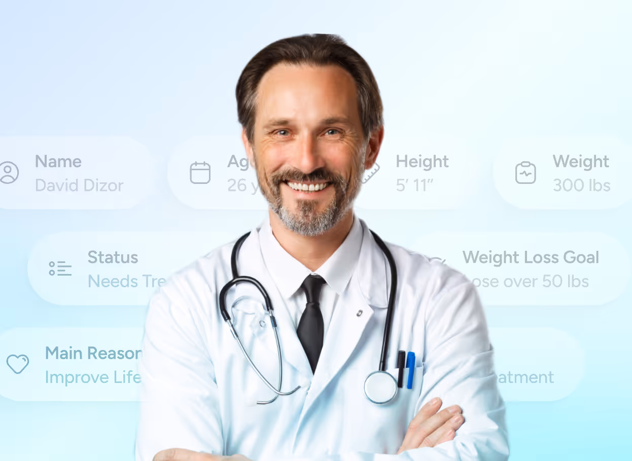 Smiling male doctor wearing white coat and stethoscope with arms crossed against a background of patient health data.