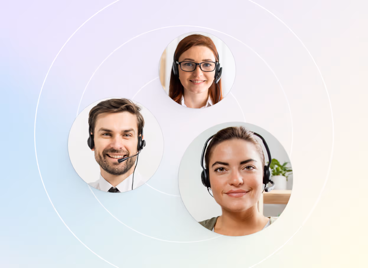 Three customer service representatives wearing headsets, smiling inside circular frames on a light gradient background.