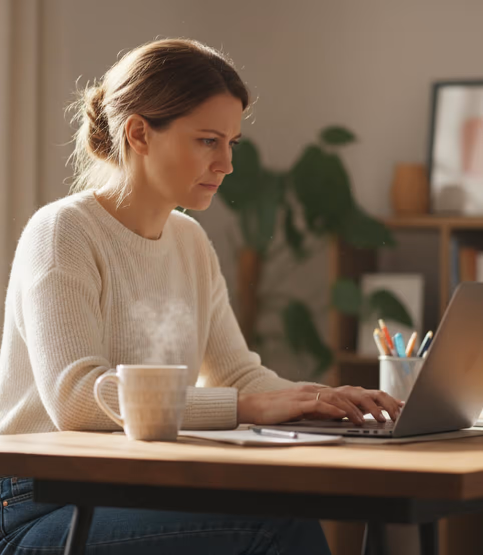 Woman in a white sweater typing on a laptop at a wooden table with a steaming mug in front of her.