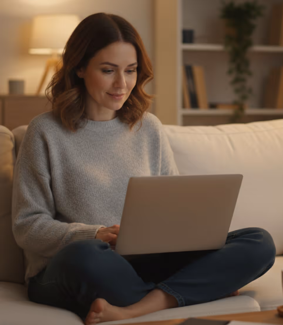 Woman sitting cross-legged on a couch using a laptop with a warm lamp and bookshelf in the background.