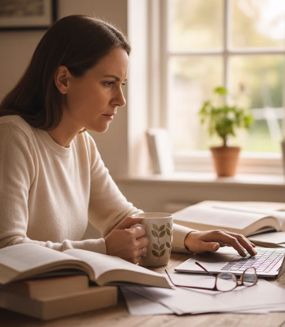 Woman focused on typing on a laptop at a desk with open books, holding a coffee mug.