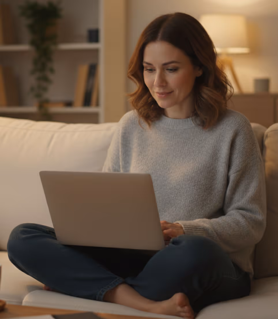 Woman sitting cross-legged on a couch using a laptop with a warm lamp and bookshelf in the background.