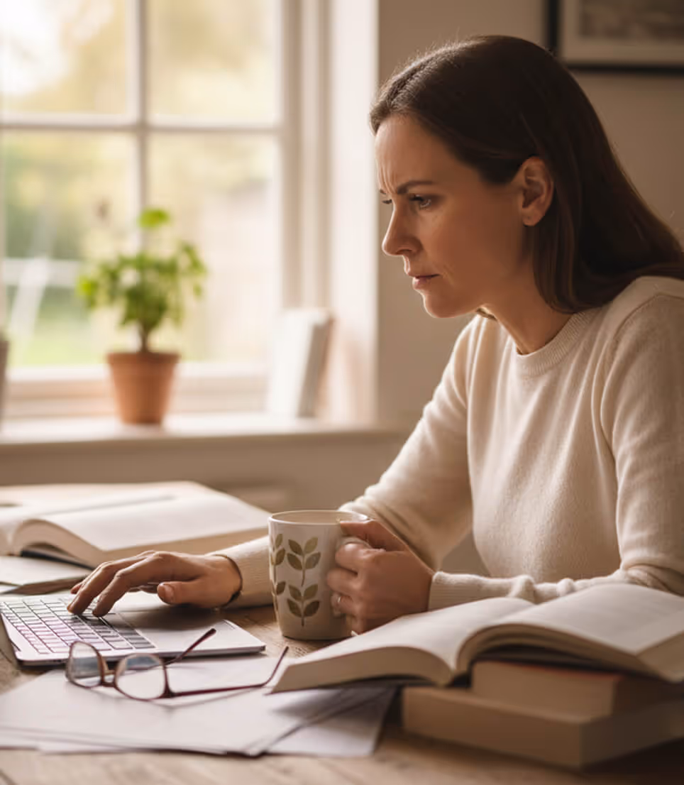 Woman focused on typing on a laptop at a desk with open books, holding a coffee mug.