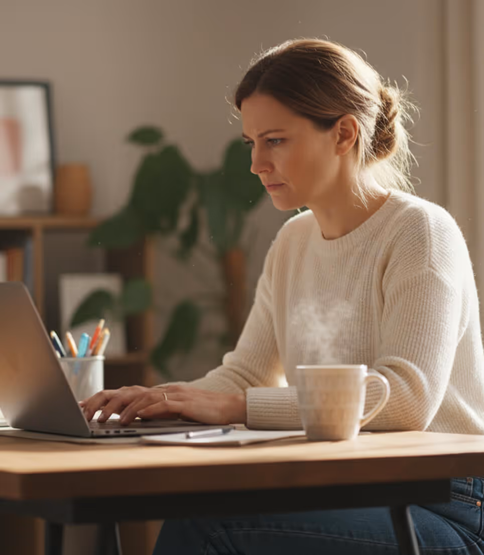 Woman in a white sweater typing on a laptop at a wooden table with a steaming mug in front of her.