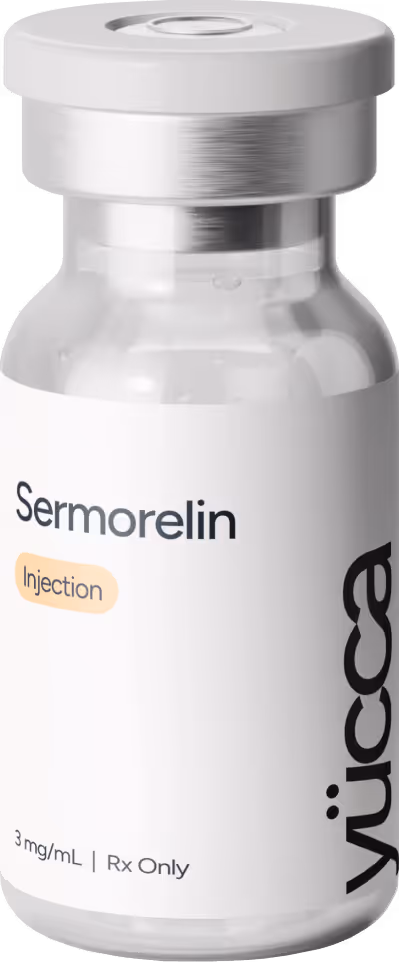 Sermorelin peptide injection vial for muscle recovery by Yucca Health