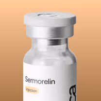 Small vial labeled Sermorelin with a silver cap on a light background.