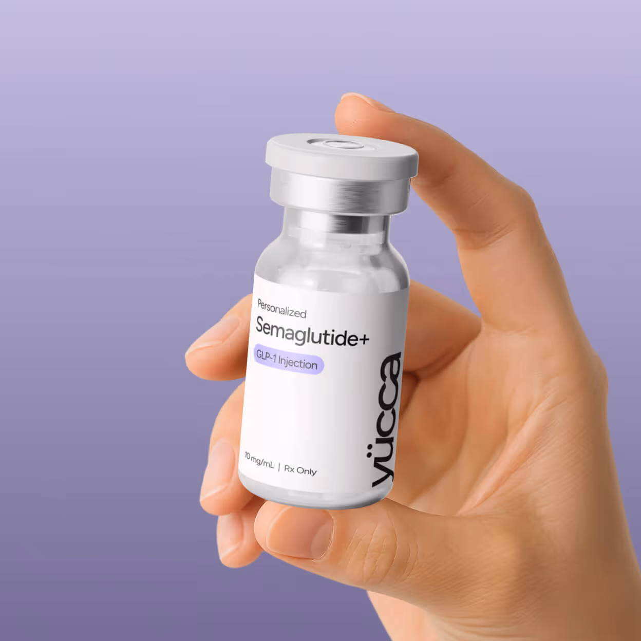 Hand holding Personalized Semaglutide+ GLP-1 injection vial — Yucca Health