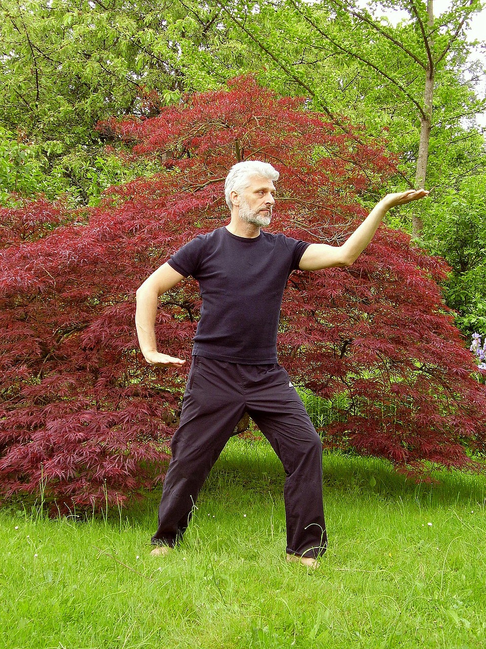 An older man performing tai chi. Balancing exercises are important for seniors exercising with illnesses.