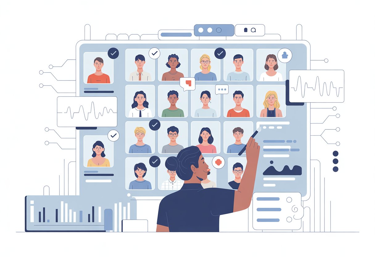 A person interacting with a digital screen showing multiple user avatars and data charts representing audience feedback and testing.