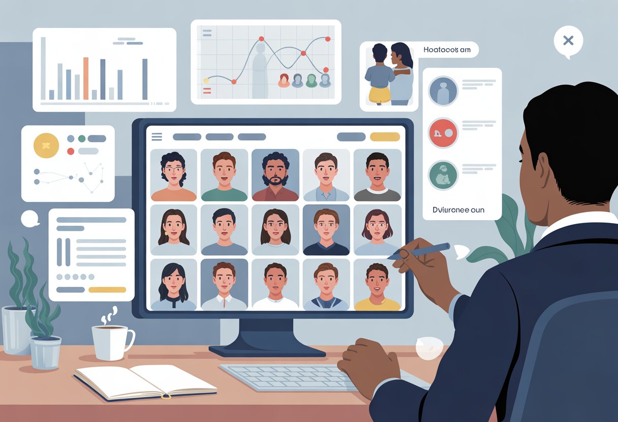 A person interacting with a computer displaying multiple user avatars and feedback charts representing audience testing.