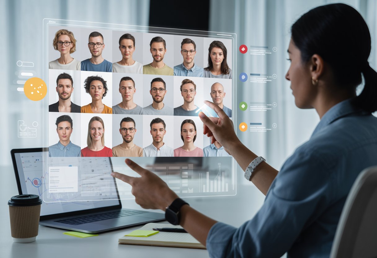A person interacting with a large digital screen showing virtual audience avatars and data visualizations in a modern office setting.