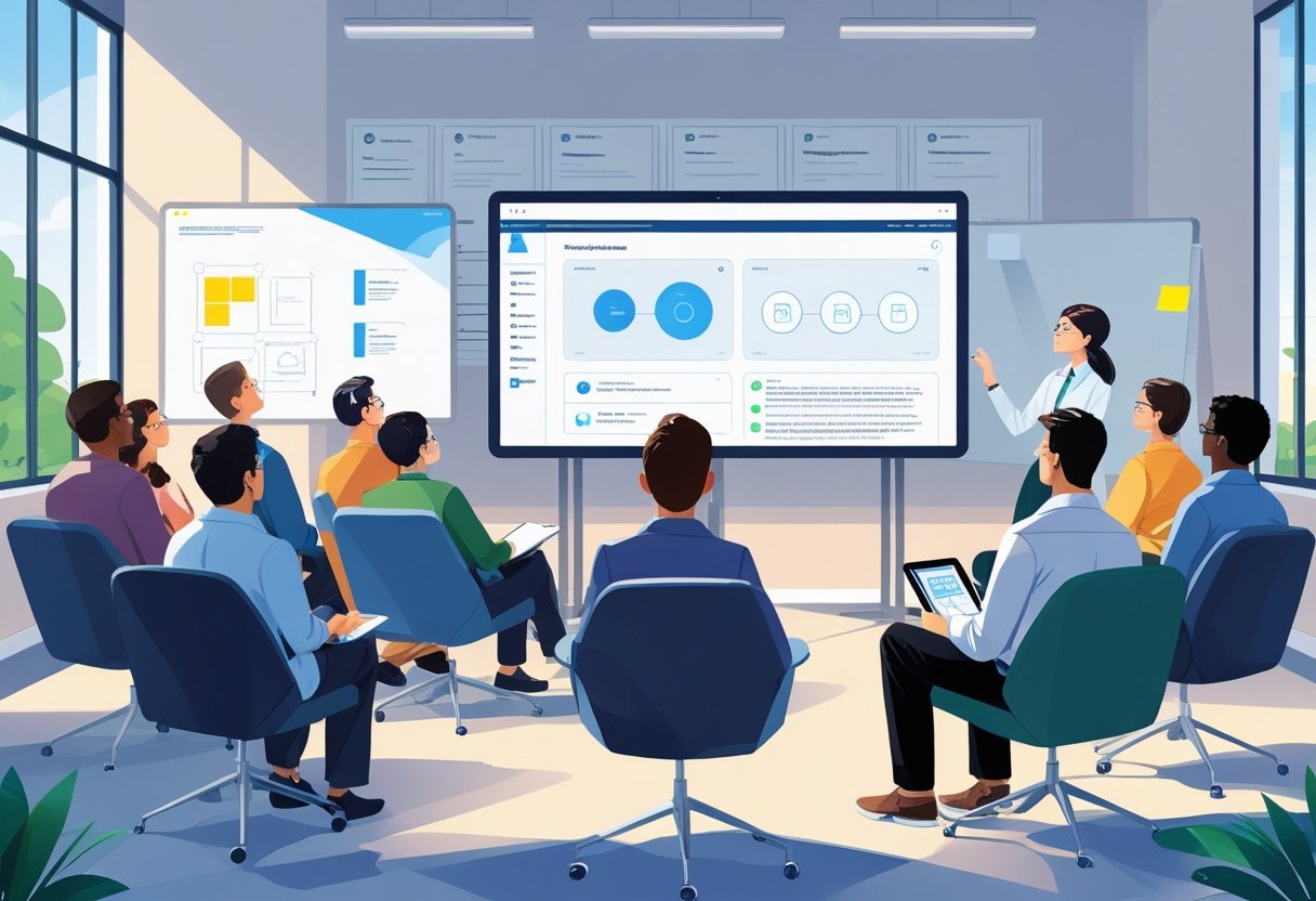 A group of people sitting in a semi-circle watching a screen while a facilitator takes notes nearby in an office setting.