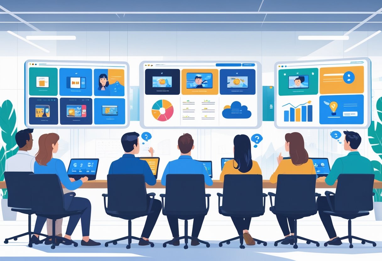 A group of people watching media content on large screens while analysts observe and take notes in a modern office setting.