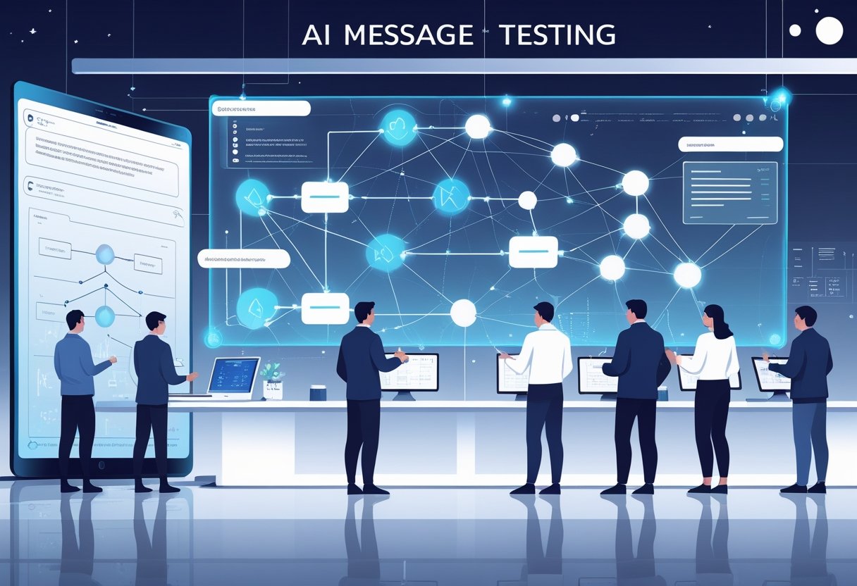 A group of professionals working together in a high-tech workspace analyzing AI algorithms and message testing on digital screens.