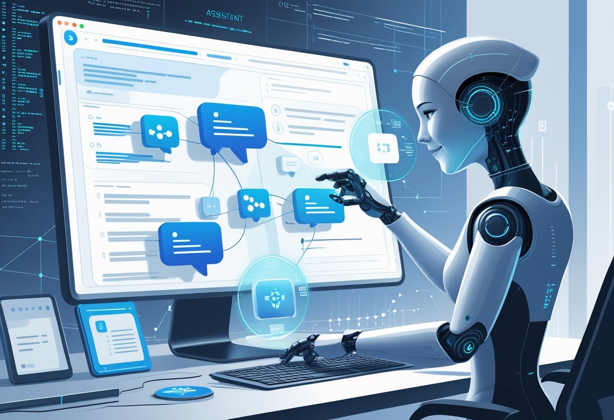 A humanoid AI assistant analyzing digital message bubbles and data streams in a futuristic workspace.