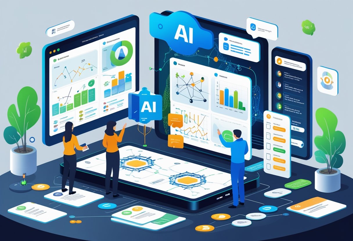 A group of professionals collaborating around a digital table displaying flowcharts and AI-related visuals, representing AI message testing processes.