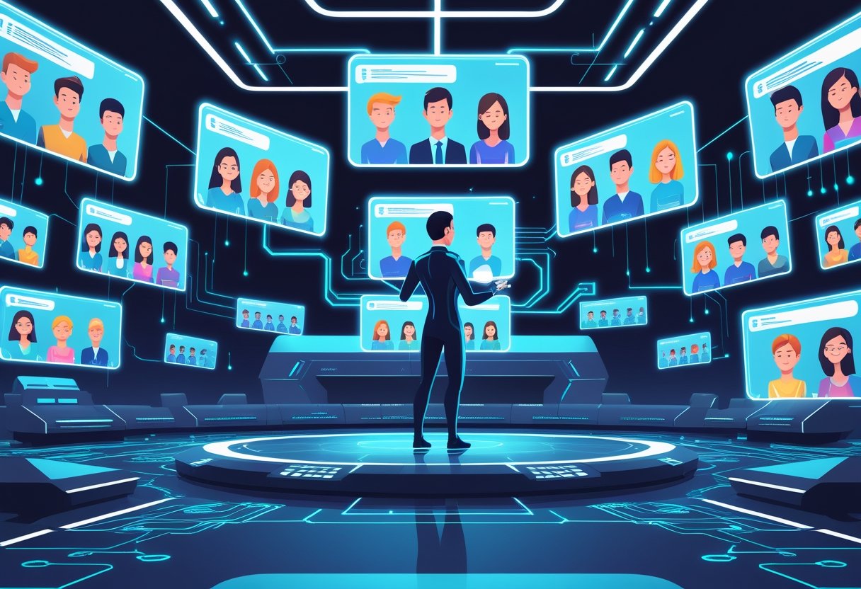 A futuristic control room with a humanoid AI figure interacting with floating digital screens showing diverse human avatars representing different audiences.