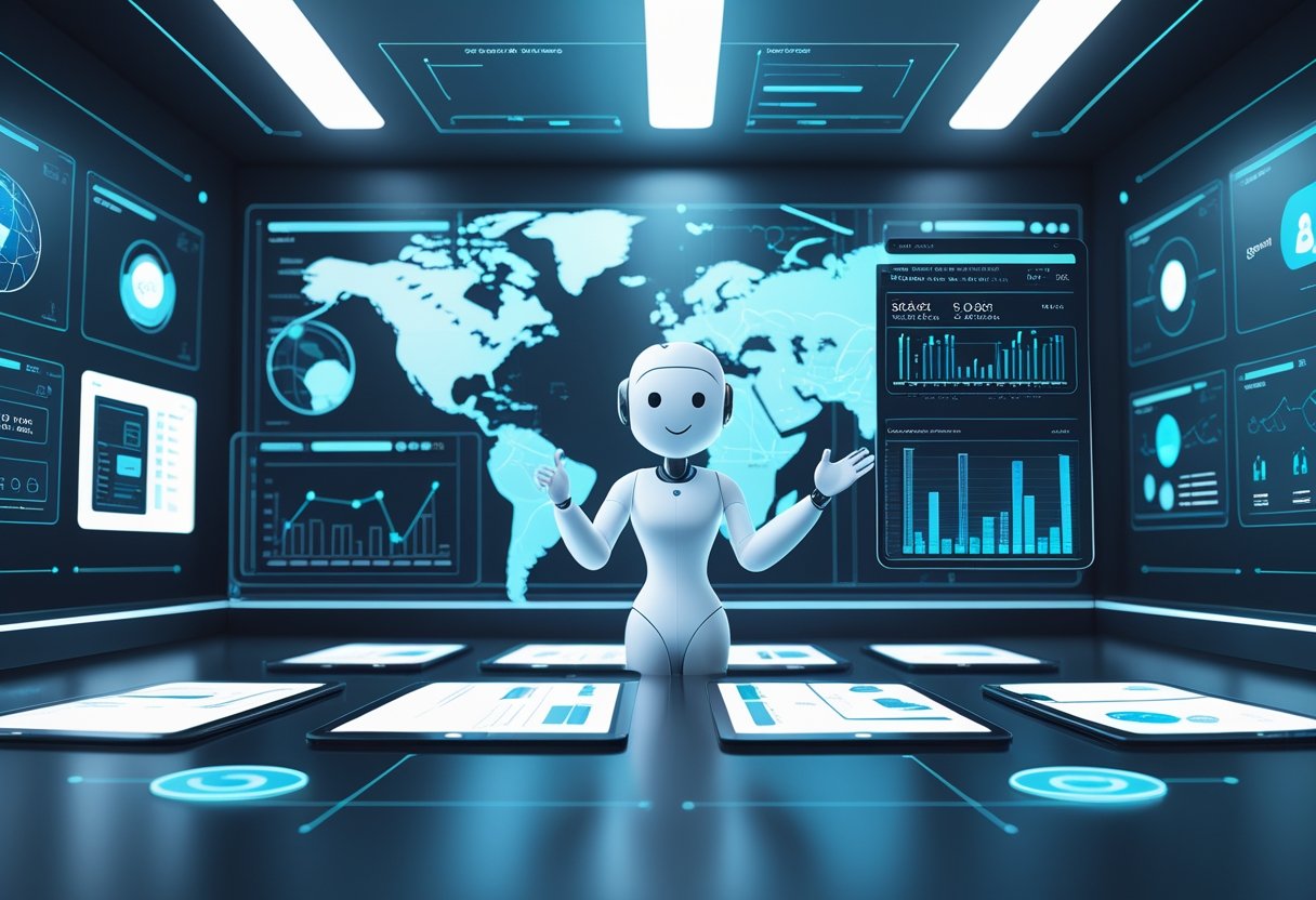 A humanoid AI in a high-tech control room interacting with holographic screens showing audience data and global connections.