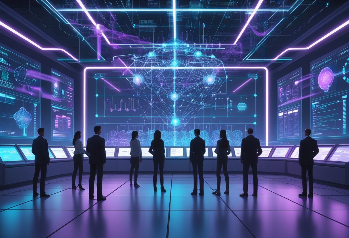 A futuristic control center showing digital screens and holograms with AI avatars representing a simulated audience interacting amid data visualizations and network connections.