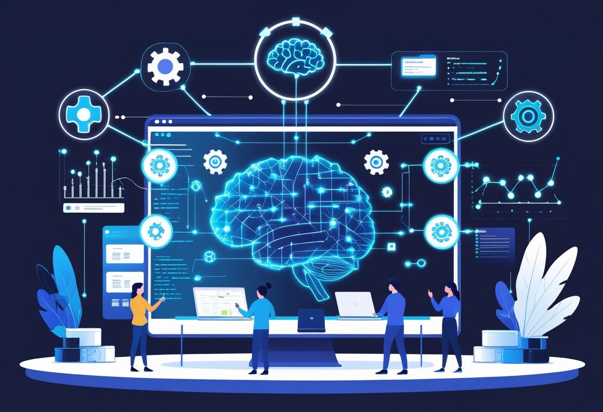 A team of professionals interacting with a large digital screen showing AI and Google Tag Manager testing tool features connected by glowing lines.