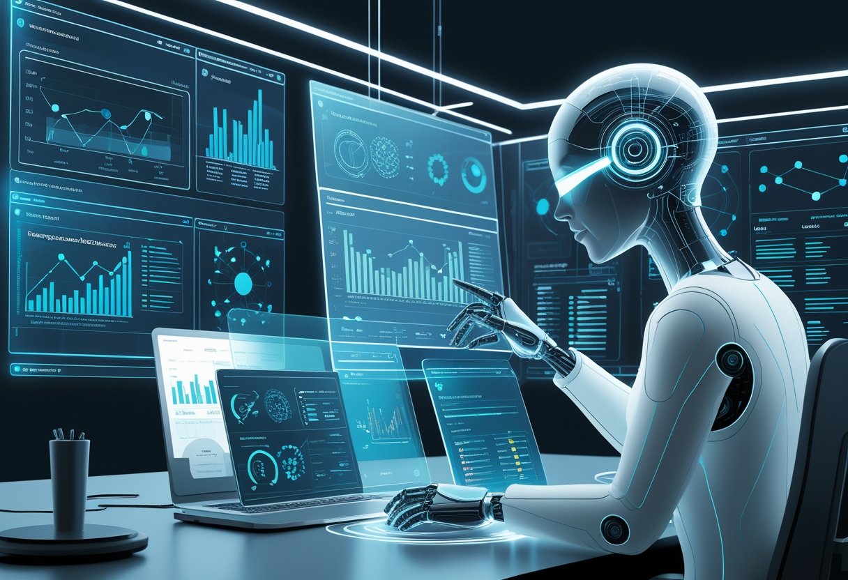 A modern workspace with holographic screens showing data charts and an abstract AI figure analyzing market testing information.