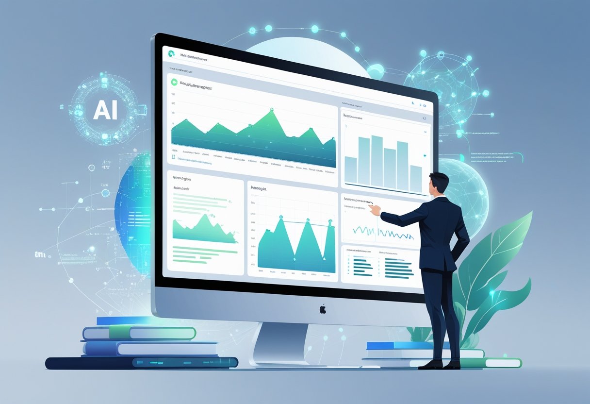 A person interacting with a computer screen showing a dashboard of charts, code, and data flows representing AI and Google Tag Manager testing.