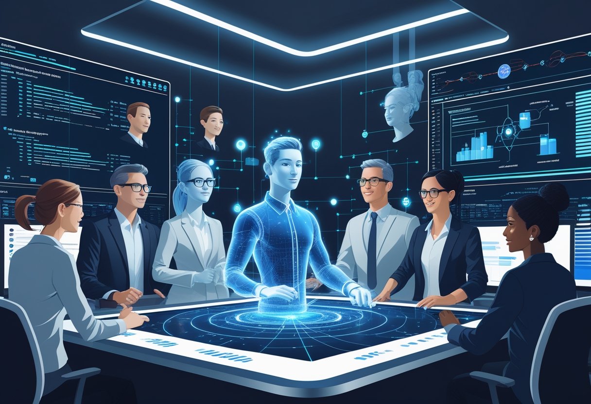 A group of professionals collaborating around a digital table showing holographic human avatars and data visuals representing synthetic personas in a modern office.