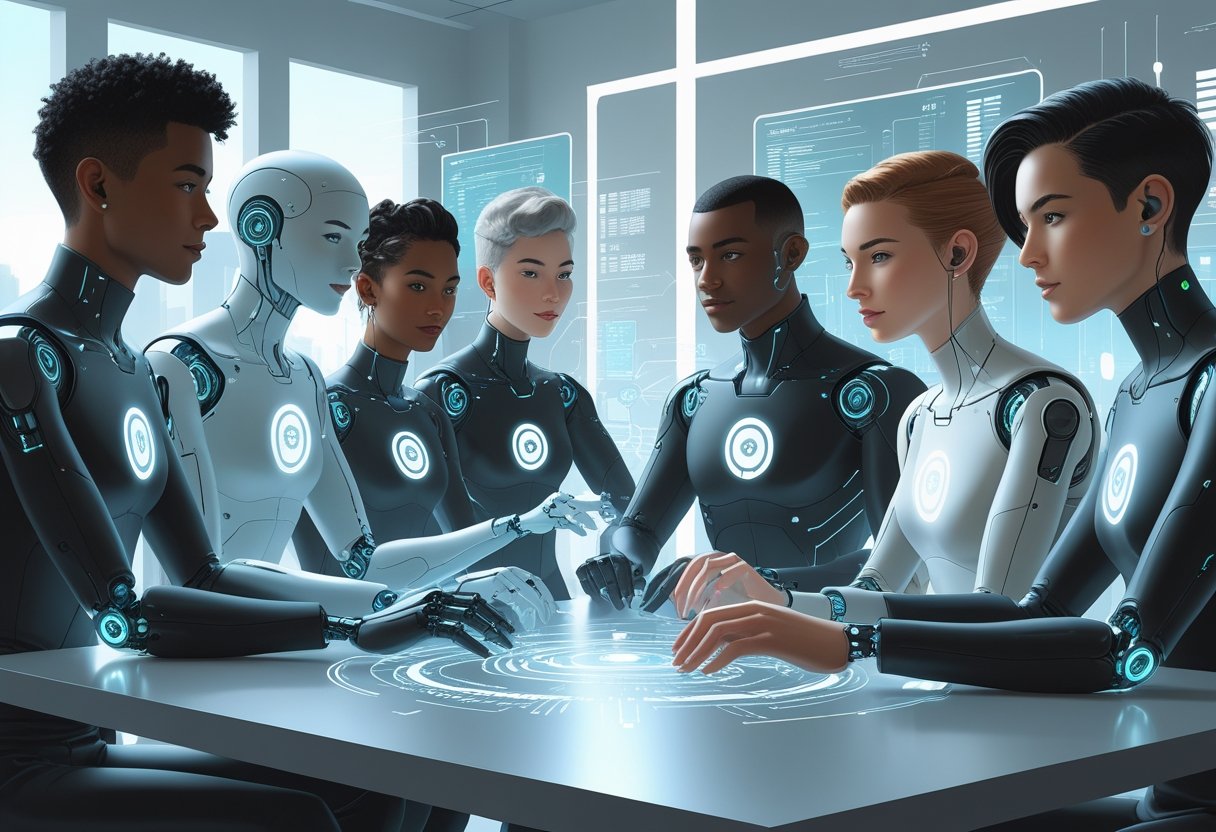 A group of diverse humanoid figures with digital features interacting with holographic interfaces in a modern workspace.