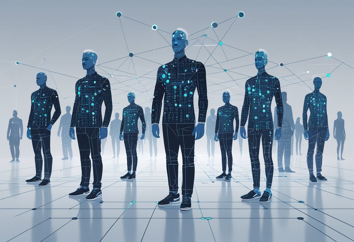 A group of diverse digital human figures connected by network lines, representing synthetic personas and data relationships.
