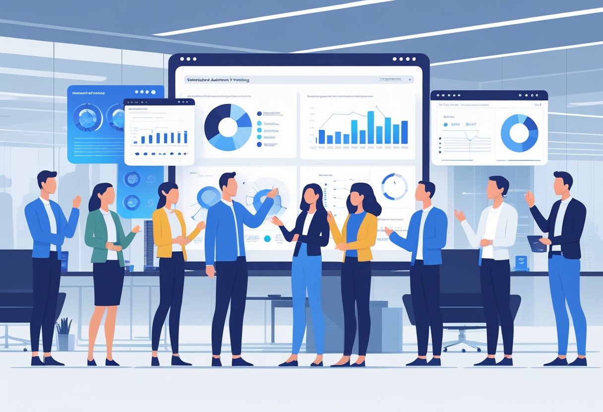 A group of diverse digital avatars interacting with floating data charts and holographic interfaces in a modern office setting, illustrating synthetic audience testing and data analysis.