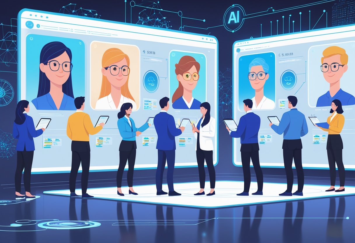 A group of professionals examining digital avatars representing different AI personas on large screens in a modern lab setting.
