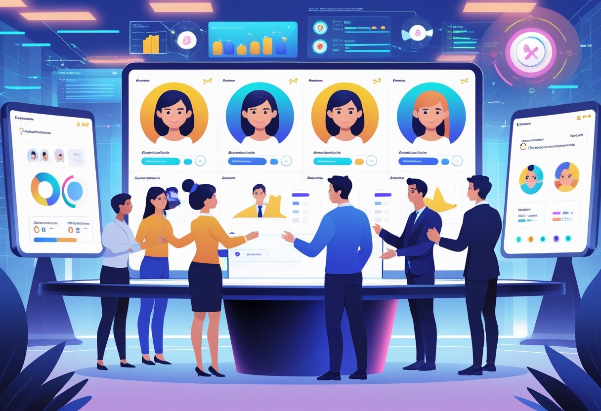 A team of professionals working together around a digital table customizing AI avatars with charts and data visualizations in the background.
