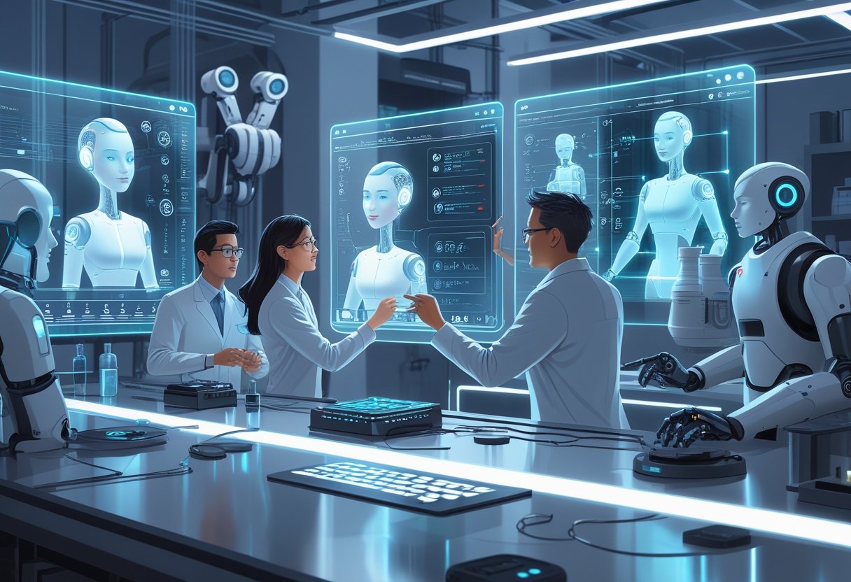 Scientists and engineers working in a high-tech lab testing and analyzing a digital humanoid avatar with holographic screens and advanced AI equipment.
