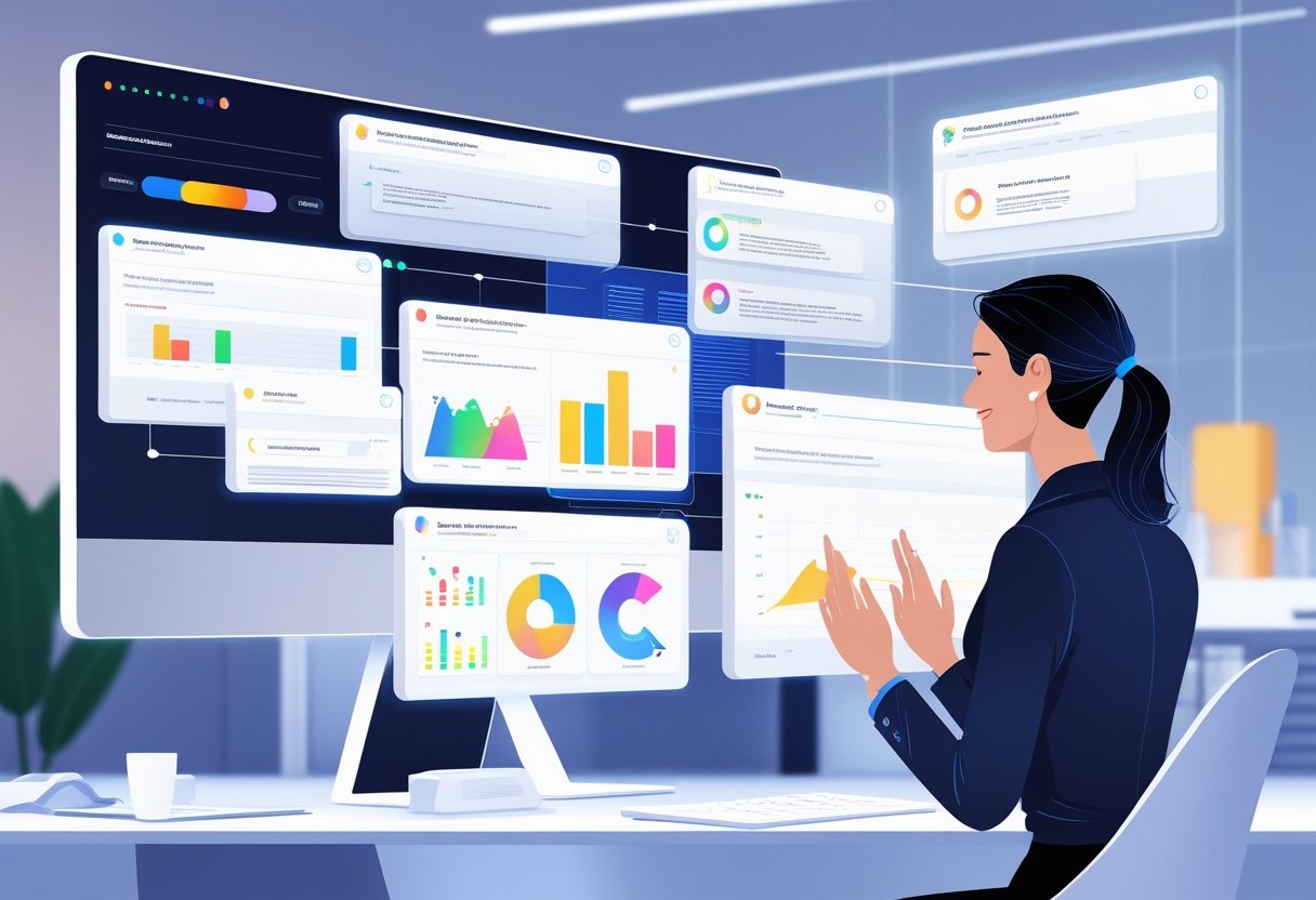 A person interacting with multiple floating digital screens showing AI message samples and analytics in a modern high-tech workspace.