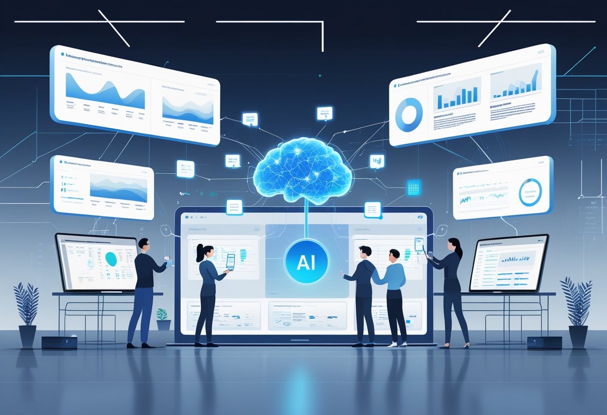A modern office scene showing people interacting with floating digital screens displaying message analytics and AI-generated insights connected to a central glowing AI interface.
