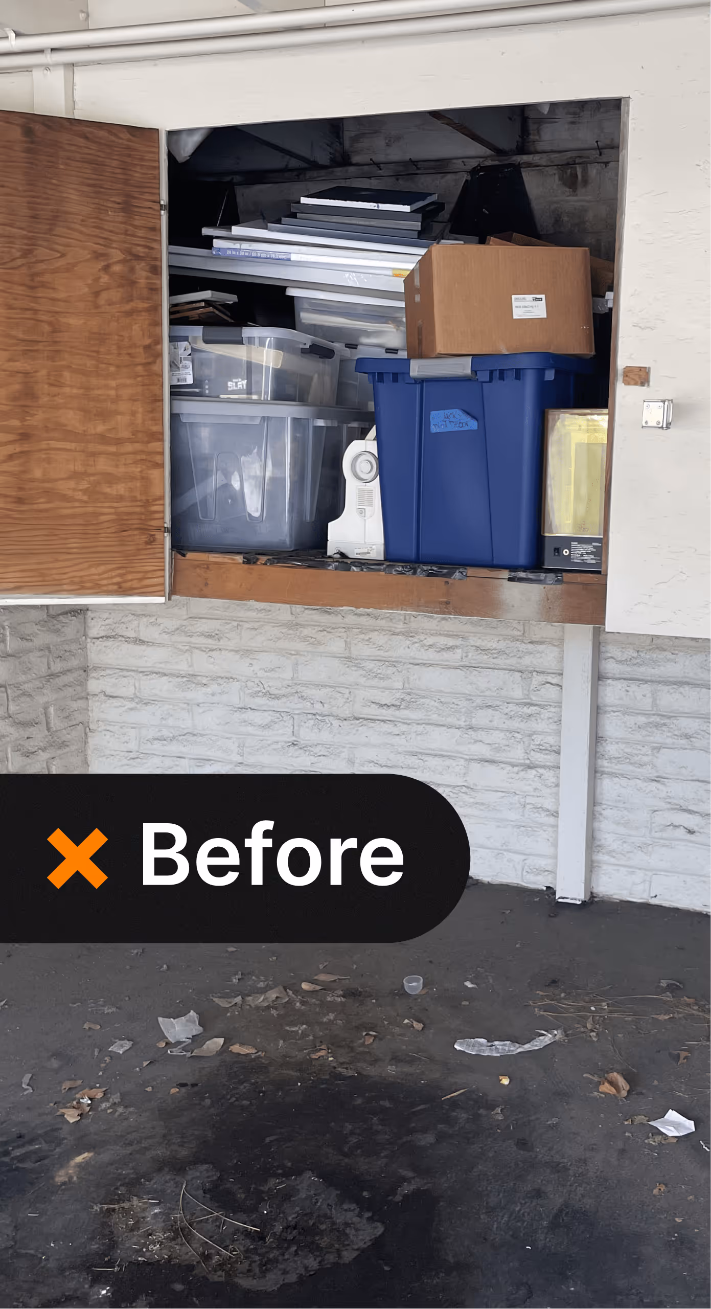A before picture of a storage unit with junk in it