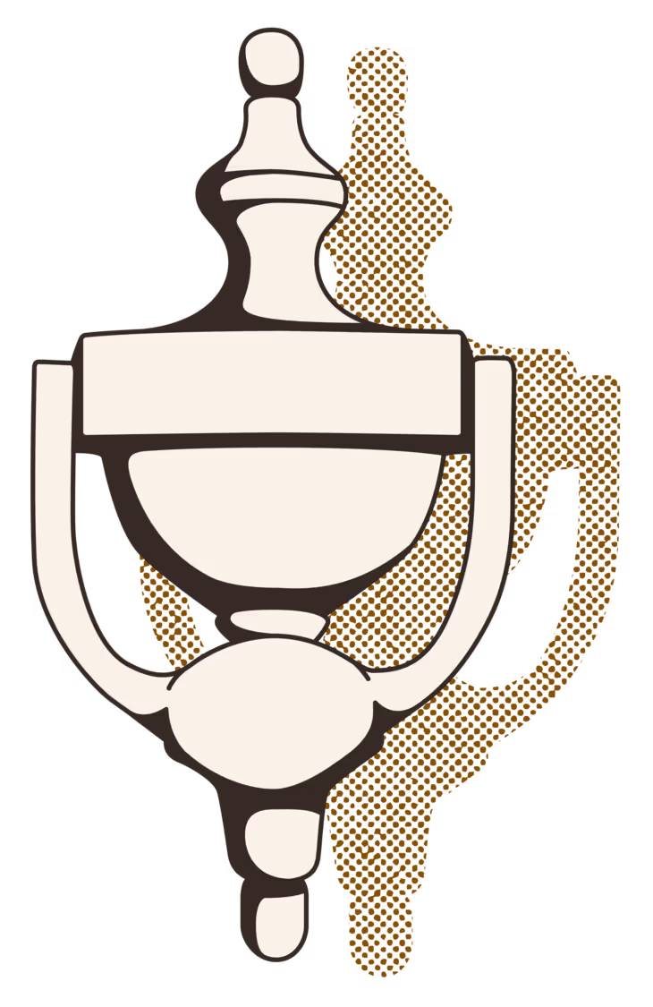 Simple stylized drawing of a traditional door knocker casting an orange shadow.