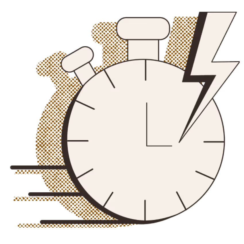Illustration of a stopwatch with a lightning bolt and motion lines representing speed.