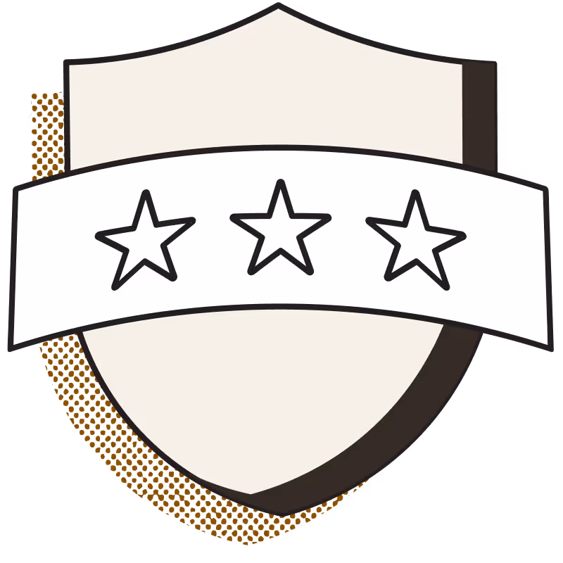 Shield emblem with a white banner featuring three outlined stars across the center.
