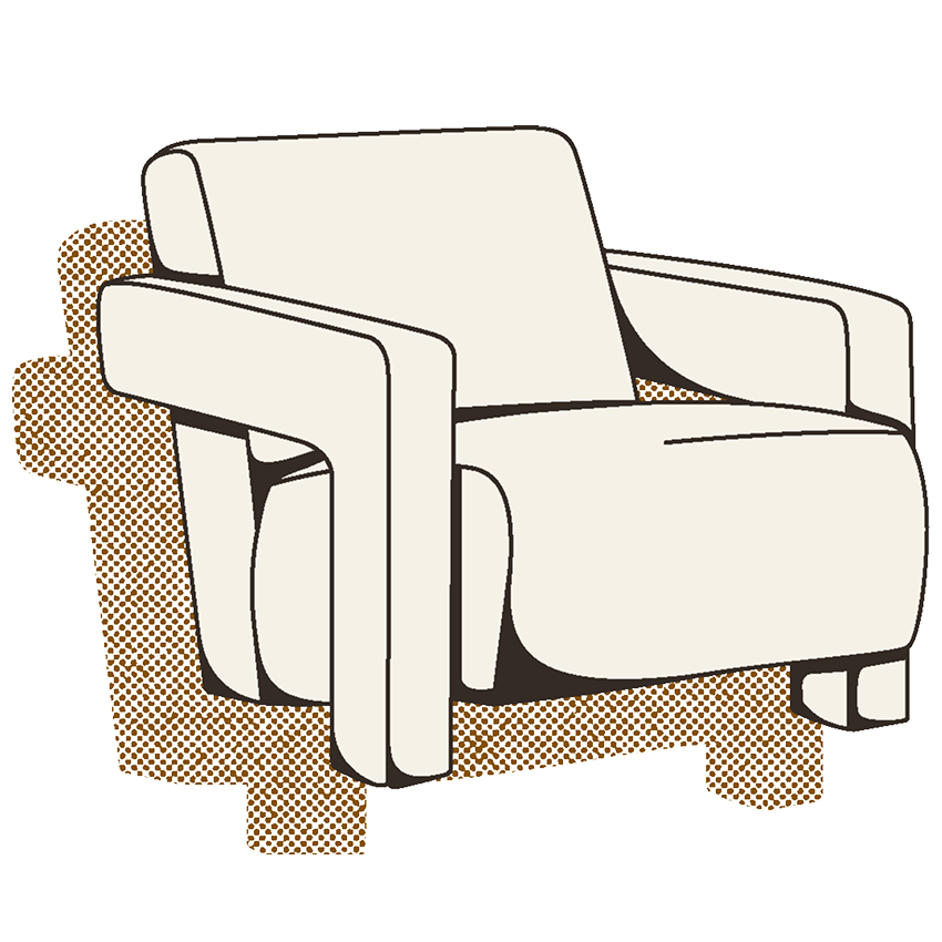 Illustration of a cream-colored armchair with broad arms and a shadow on a white background.