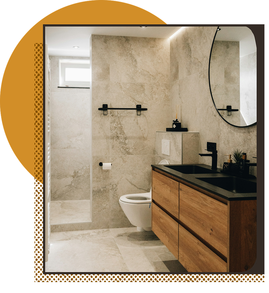 Modern bathroom renovation with walk-in shower, wall-hung WC, floating wood vanity unit and round mirror
