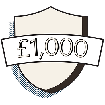 Shield emblem with a banner displaying the amount £1,000.