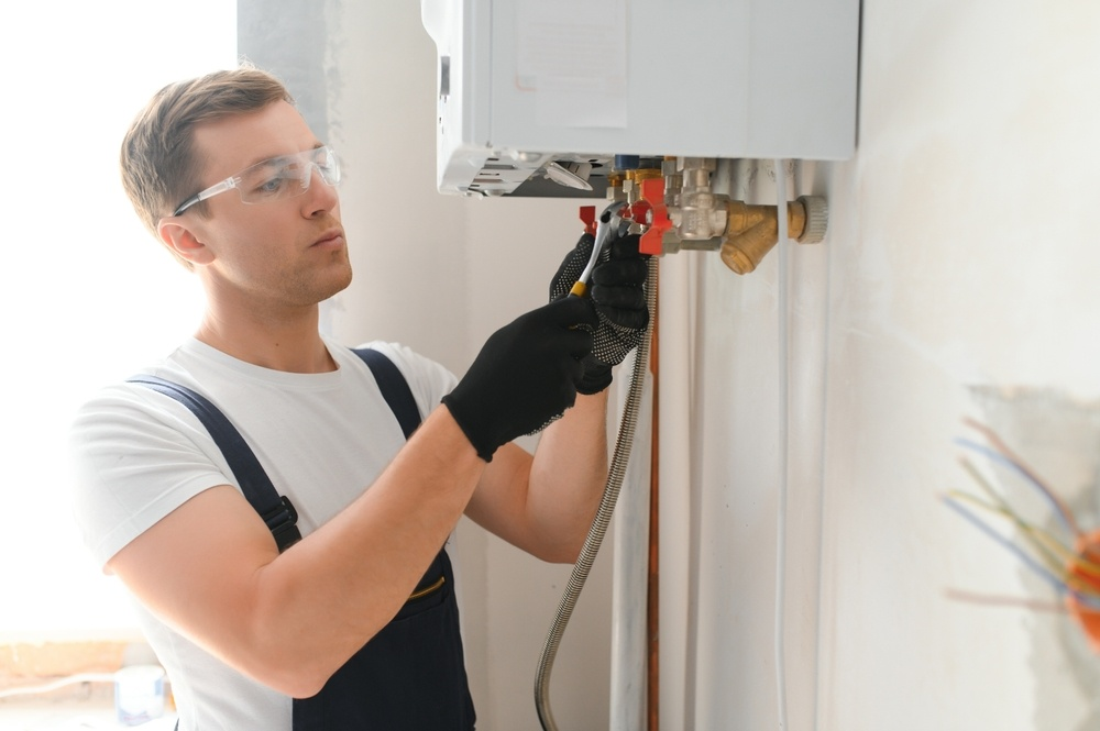 Gas Safe Engineer conducting a boiler service in a customer’s home in the UK