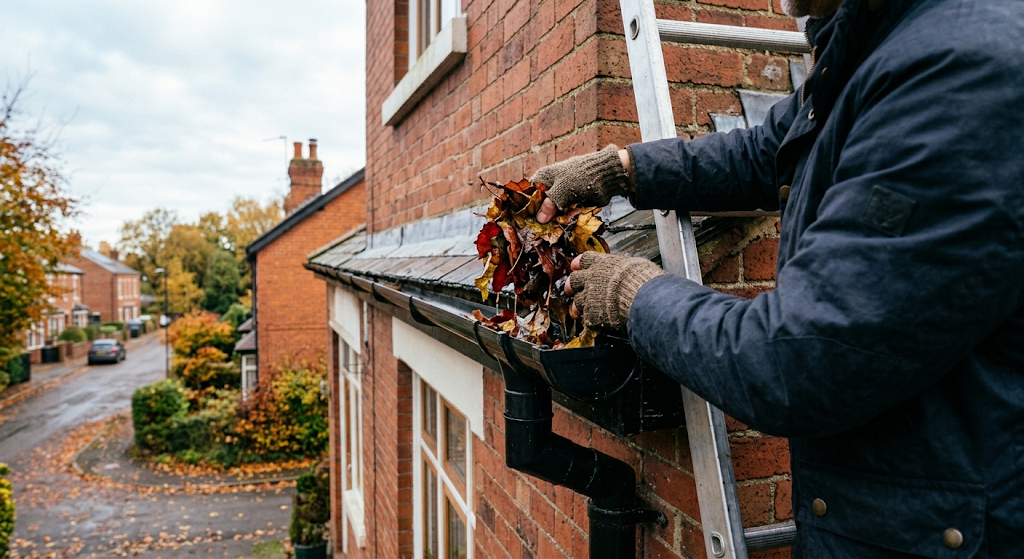 Tradesperson clearing autumn leaves from house guttering in the UK