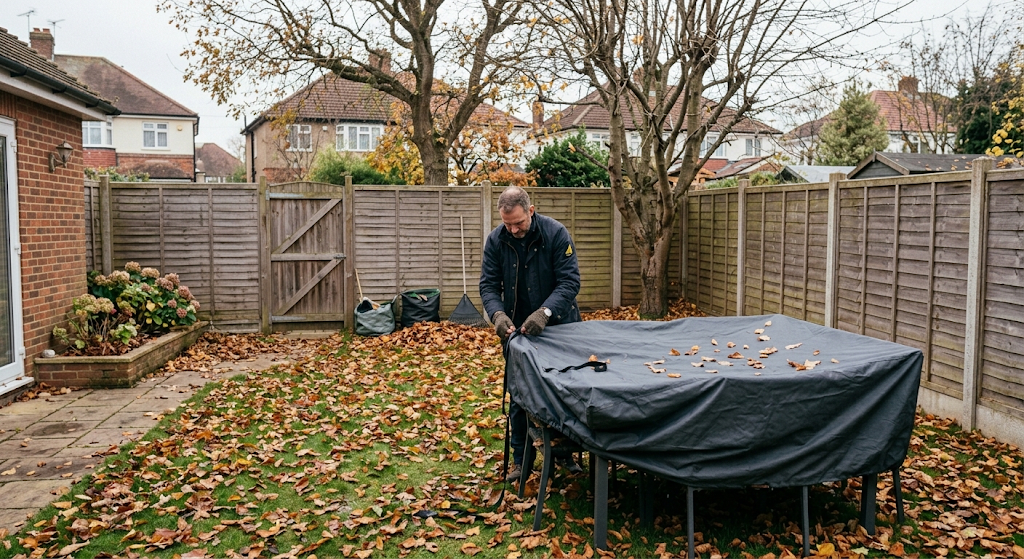 UK back garden being prepared for winter, fence and covered furniture