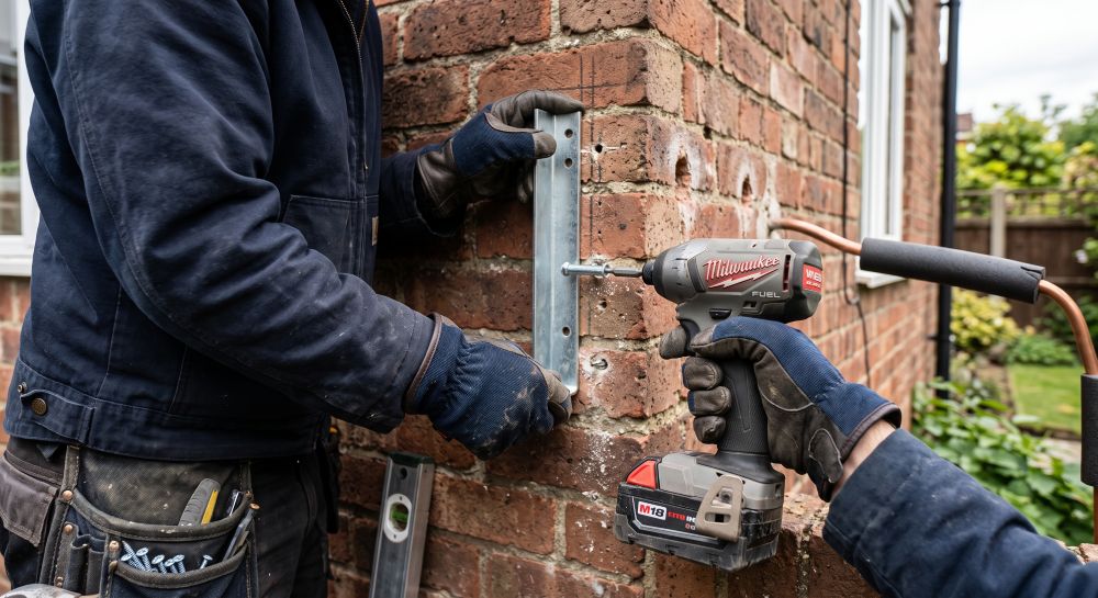 Tradesperson installing an outdoor air conditioning unit on an exterior wall