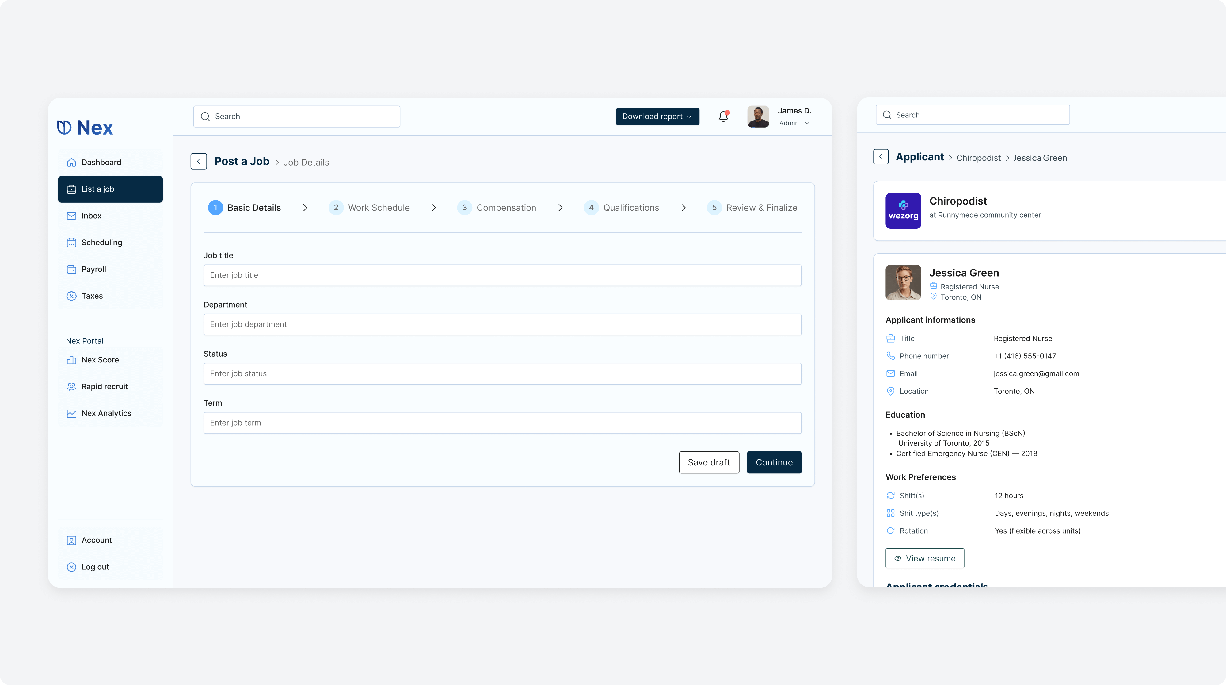 NexCorp hiring dashboard and job search app mockups
