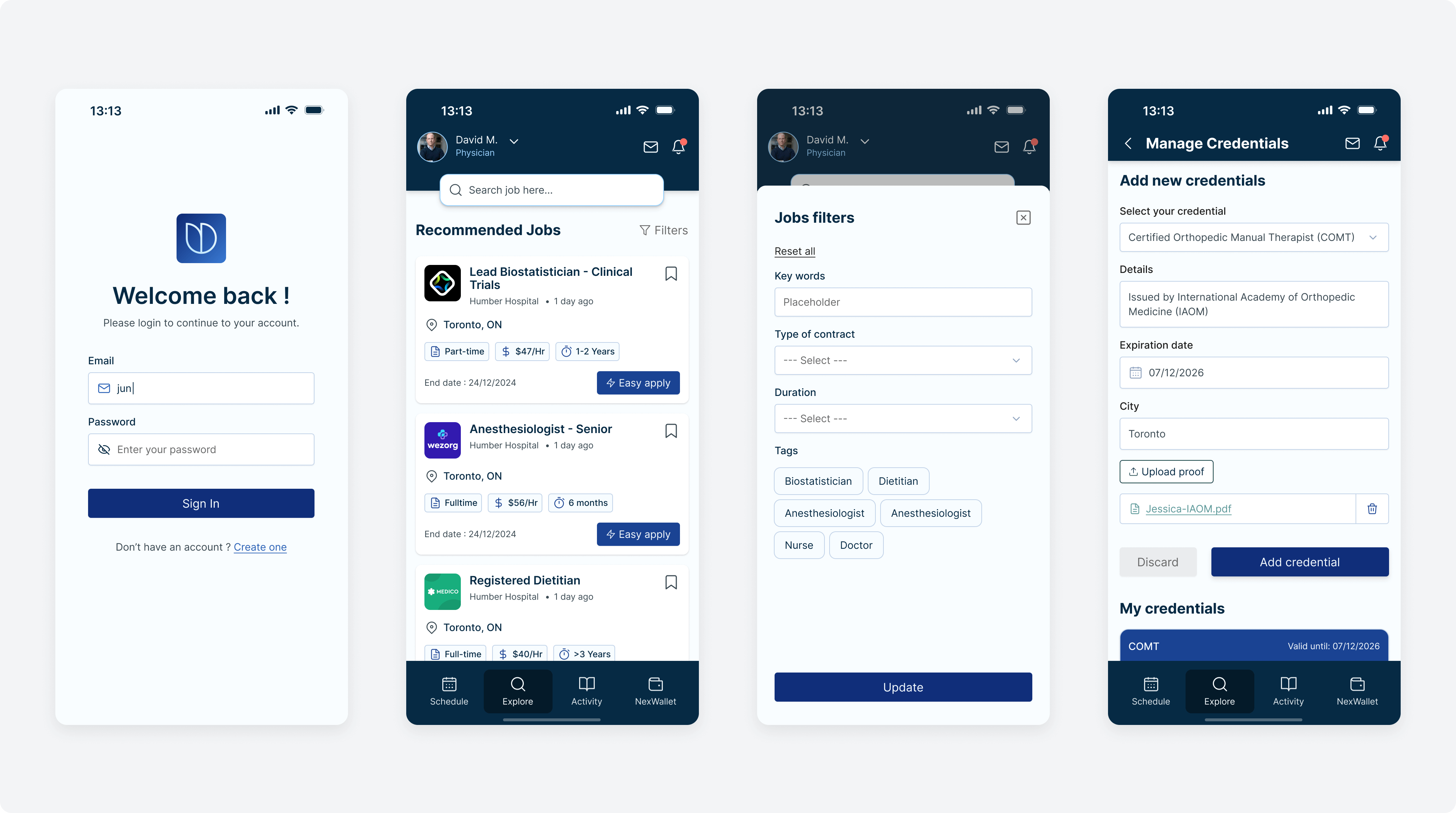 NexCorp hiring dashboard and job search app mockups